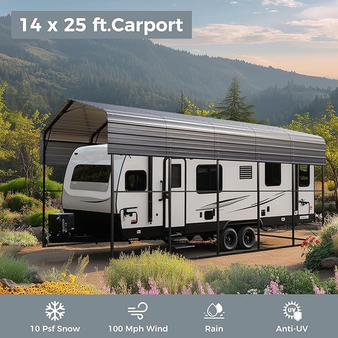 GREEN PARTY 14 x 25 ft Metal RV Carport Kits with Galvanized Steel Roof, Heavy Duty 2 Car Outdoor Car-Shed Canopy, Car Tent Metal Garage Shelter for RV, SUV, Truck, Tractors and Boats, Gray