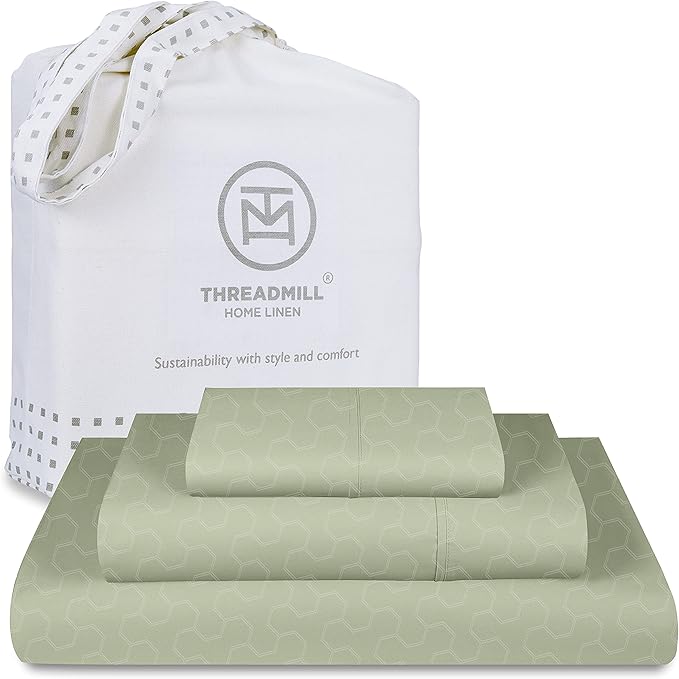 Threadmill 500 Thread Count Twin-XL Size 3 Pc Luxury Cotton Bed Sheet Set, Jacquard Floria Sage Green, Breathable Sheets with 15" Elasticized Deep Pocket, 1 Pillowcase & Free Tote Bag