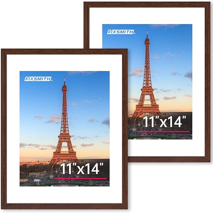 FIXSMITH 11x14 Picture Frame Set of 2, Photo Frame with HD Plexiglass, Display Pictures 8x10 with Mat or 11x14 Without Mat, Brown Picture Frames Collage Wall Decor, Gallery Wall Frame