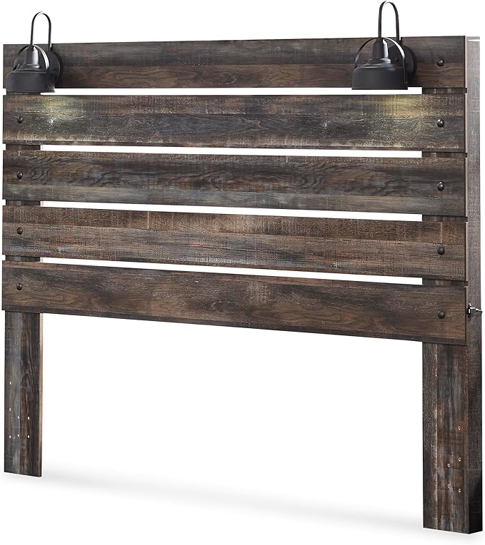 Signature Design by Ashley Drystan Rustic King Panel Bed with Sconce LED Lights, USB Ports and Nailheads, Foundation or Box Spring Needed, Dark Brown & Gray
