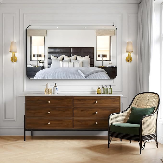 KOCUUY Black Bathroom Mirror 60"x36", Large Vanity Mirror with Rounded Corner, Metal Black Frame with Mordern Design for Bathroom, Living Room, Entryway, Hang Horizontal/Vertical