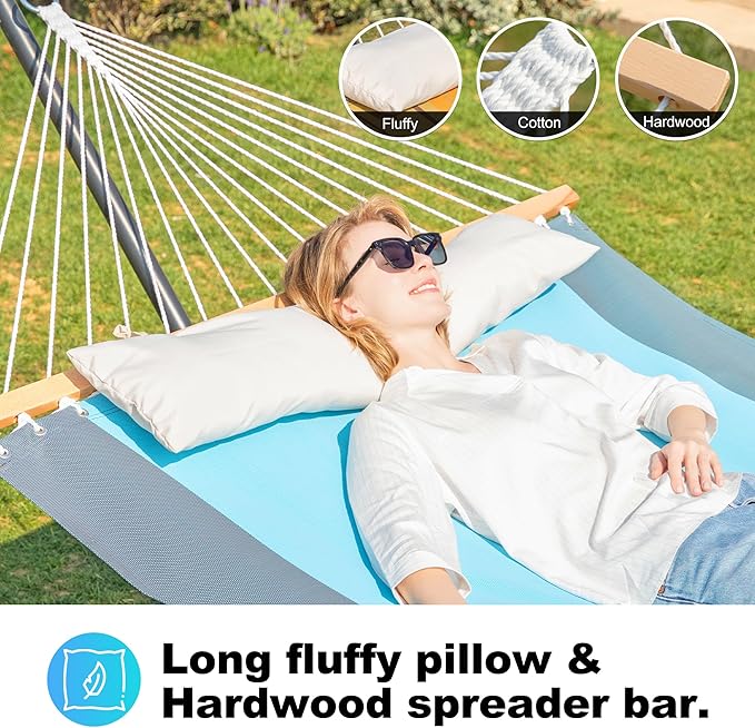 Waterproof Double Hammock with Stand for Outside Heavy Duty, 2 Person 55'' Large Quick Dry Textilene Hammocks with Hardwood Spreader Bar, Pillow, Side Pocket, 475lbs Capacity (Sky Blue)