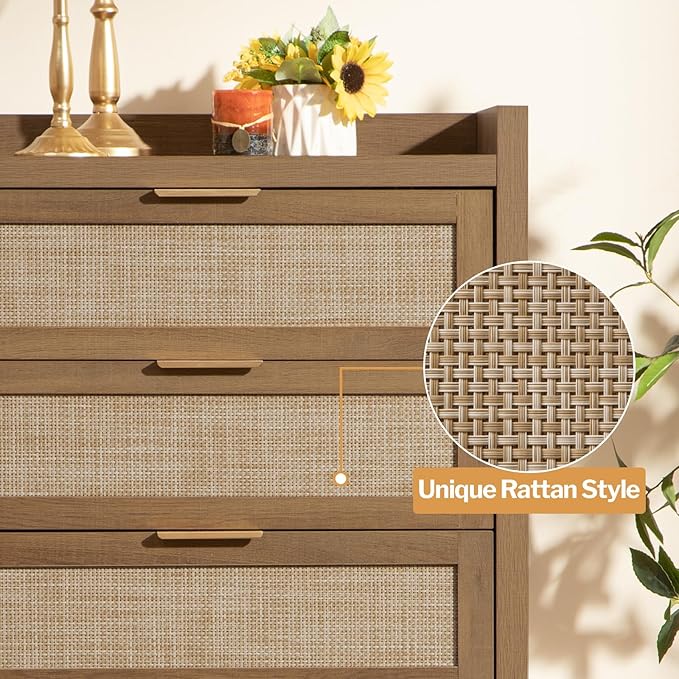 SICOTAS Dresser for Bedroom Chest of Drawers 46" Tall Dresser for Closet with 5 Rattan Drawers Boho Night Stand Large Clothes Storage Cabinet for Living Room Hallway Nursery Entryway