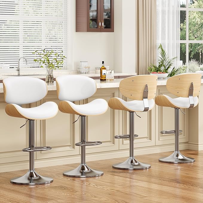 Swivel Bar Stools Set of 4 for Kitchen Counter, Adjustable Bentwood Barstools, Modern PU Leather Upholstered Bar Chair with Back and Footrest, for Bar, Kitchen, Dining Room, Snow White