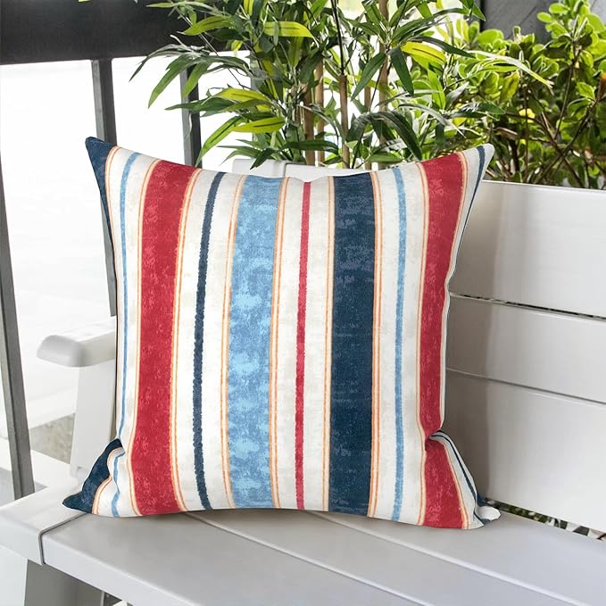 LVTXIII Outdoor/Indoor Throw Pillows, Decorative Throw Pillows with Inserts, 18"x18" Square Pillows for Bed, Couch, Sofa and Patio Furniture, Set of 2, Stripe Red Blue