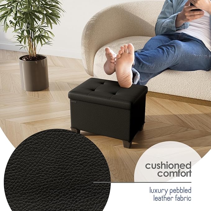 STORAGEBUD Storage Ottoman Cube with Small Bin, 16-in Square Ottoman with Storage for Living Room and Bedroom, Small Ottomans Foot Rest, Faux Leather Foot Stools Ottomans Max 330lbs, Black