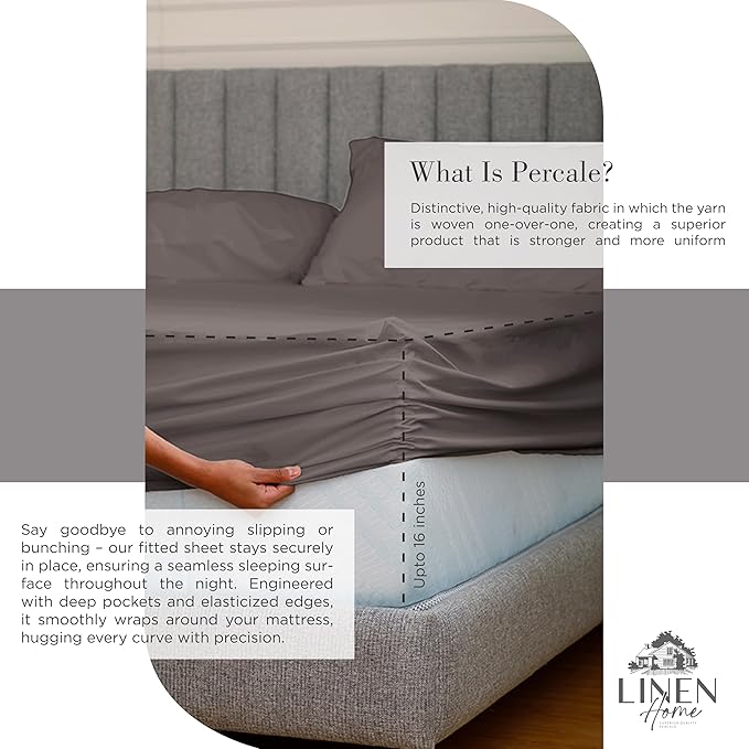 Linen Home 100% Cotton Percale Sheets Twin XL Size, Charcoal, Deep Pocket, 3 Pieces Set - 1 Flat, 1 Deep Pocket Fitted Sheet and 1 Pillowcase, Crisp Cool and Strong Bed Linen