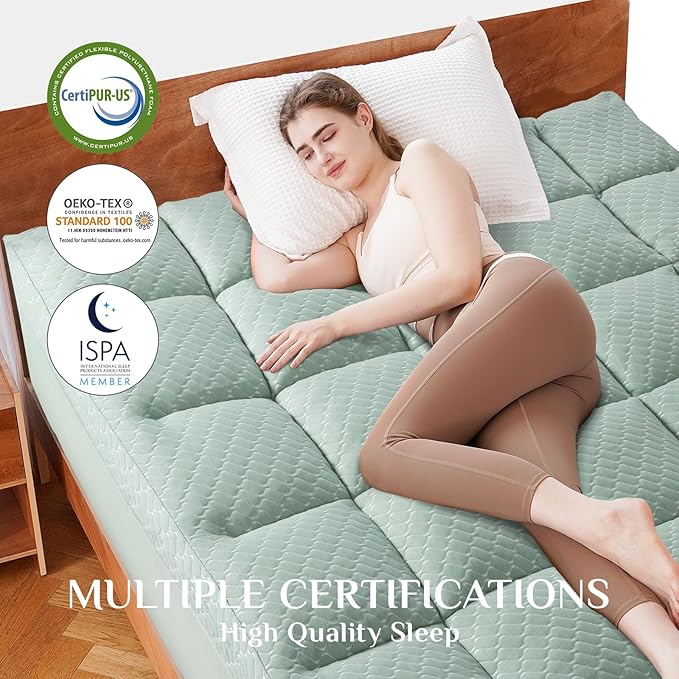 Dual Layer 3 Inch Memory Foam Mattress Topper California King Size, 2 Inch Gel Memory Foam Plus 1 Inch Cooling Pillow Top Mattress Pad Cover, with 8-21 Inch Deep Pocket, Green