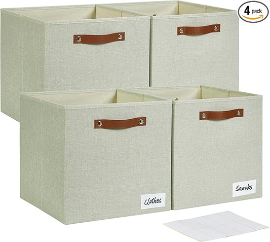 Collapsible Fabric Storage Cube Bins with 2 Reinforced PU Handles, Foldable Storage Organizer Baskets for Closet, Shelves, Living Room | 13"x13"x13", 4 Pack, Sage Green