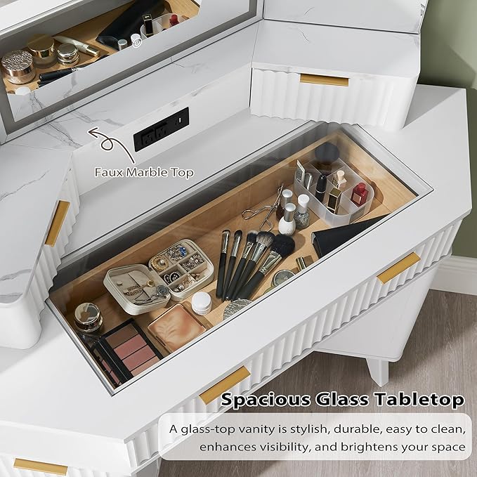 T4TREAM Fluted Makeup Vanity Desk with 3 Way Mirror and Lights, 48" Large Corner Vanity Table with Glass Top, Charging Station, 3 Drawers, Storage Cabinets & Shelves, for Bedroom, Solid White