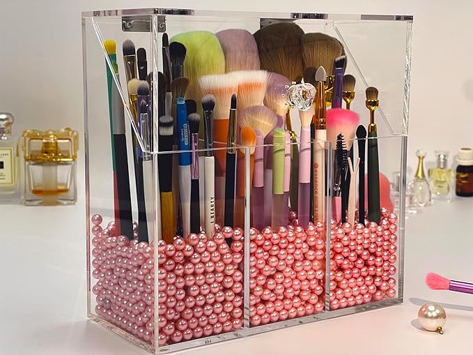 Acrylic Makeup Organizer ,clear Cosmetic brush storage box with 3 Brush Holders ,Makeup brush holderwith dust cover, Largecapacity split design can quickly organize the desktop ( with Free