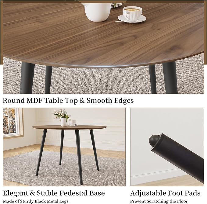 43.3 Inch Round Dining Table Set for 4, Modern Small Kitchen Coffee Set for Dining Room Kitchen Apartment (Walnut Table + 4 Grey Shell Chairs)