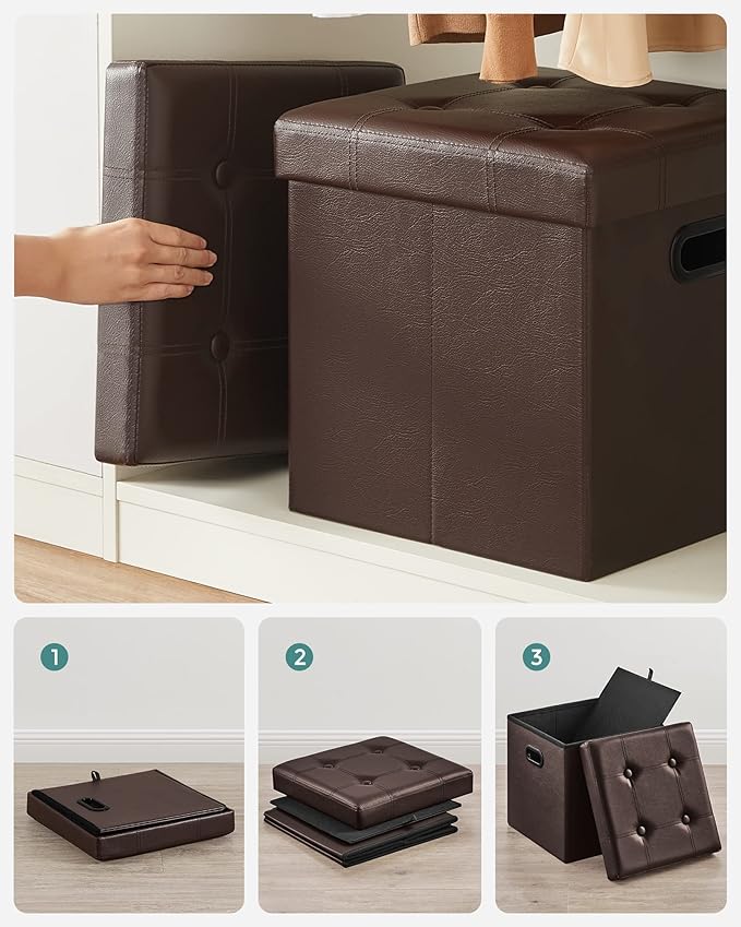 SONGMICS MAZIE Collection - 15 Inches Ottoman with Storage, Footstool, Storage Ottoman with Metal Grommet Handles, Load 660 lb, for Dorm, Living Room, Bedroom, Synthetic Leather, Brown ULSF30Z