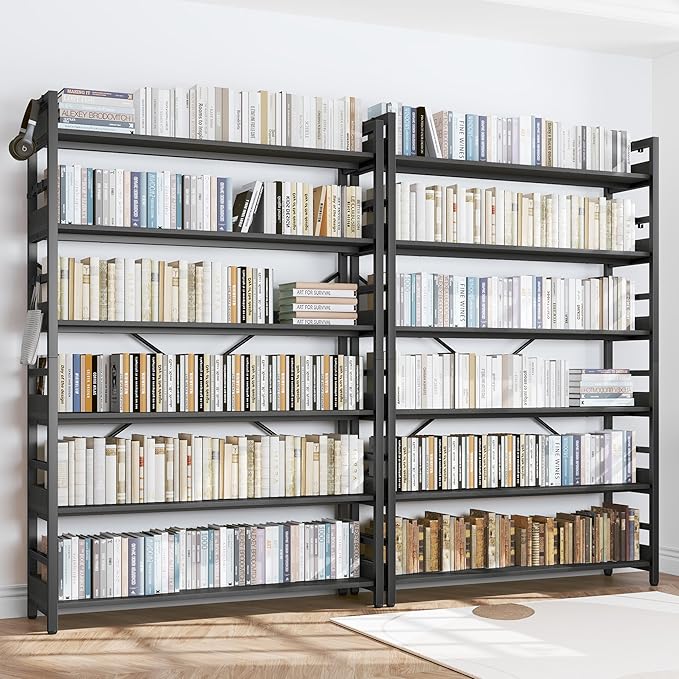 HCHQHS 6 Tier Bookshelf, Adjustable Industrial Bookcase, Vertical Tall Book Shelf, Wood and Black Metal Open Bookshelves for Home Office, Living Room, Bedroom