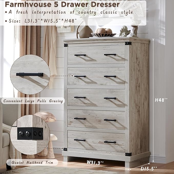 T4TREAM Farmhouse 5 Drawers Dresser for Bedroom, 48" Tall Wood Chest of Drawers w/Natural Texture & Metal Handle, Rustic Storage Dressers Organizer for Living Room, Hallway, Antique Brush White