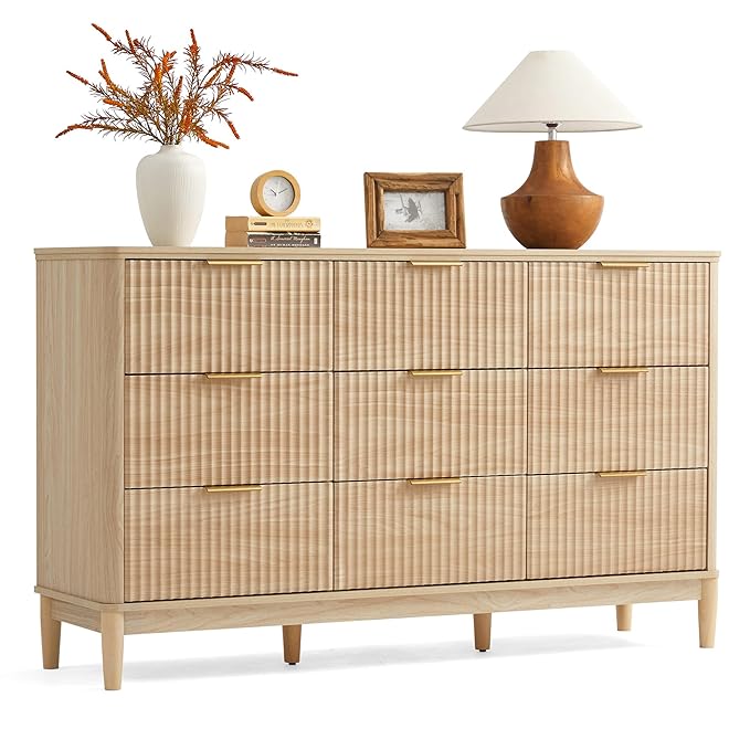 LINSY HOME Fluted Dresser for Bedroom with 9 Drawers, 58" Wide Chest of Drawers, Mid Century Modern Dresser TV Stand with Metal Handle, Wood Closet Storage Cabinet for Living Room, Hallway, Oak
