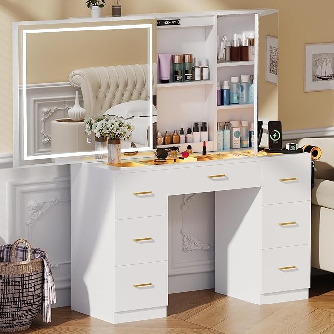 Vanity Desk with Lighted Mirror, Charging Station and Hairdryer Holder, Glass Top Makeup Vanity with Adjustable LED Lights, White Vanity Table with Sliding Mirror & Hidden Storage (No Stool)