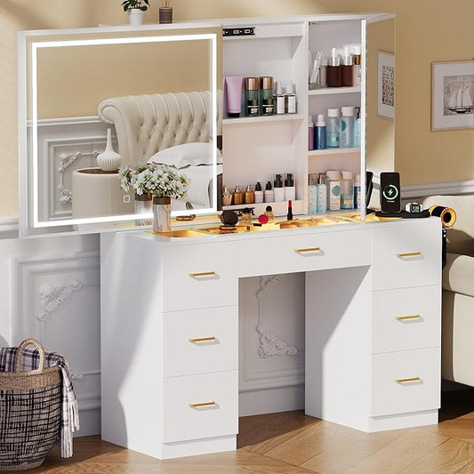 Vanity Desk with Lighted Mirror, Charging Station and Hairdryer Holder, Glass Top Makeup Vanity with Adjustable LED Lights, White Vanity Table with Sliding Mirror & Hidden Storage (No Stool)