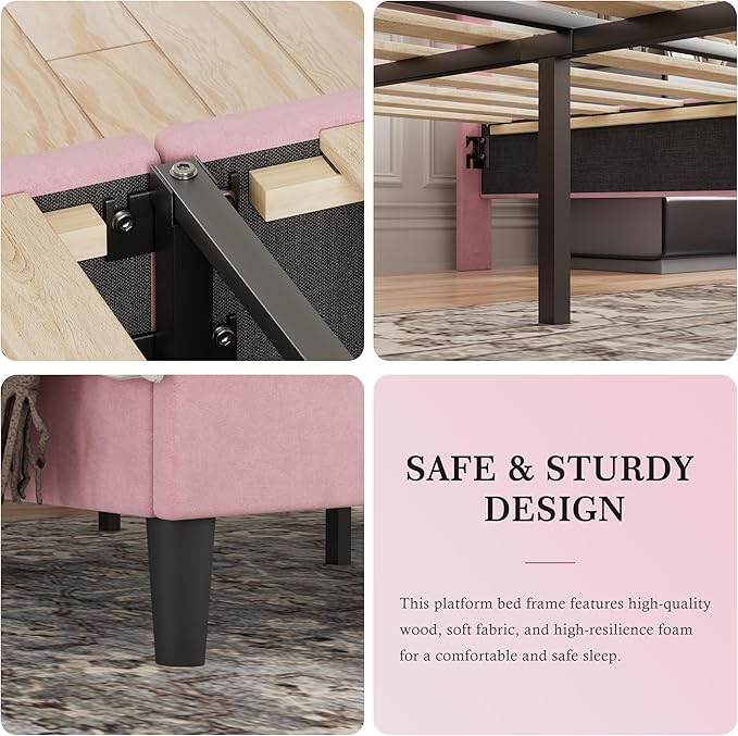 VECELO Queen Bed Frame with Upholstered Headboard, Heavy-Duty Platform Bedframe with Strong Wooden Slats Support, No Boxing Spring Needed, Pink