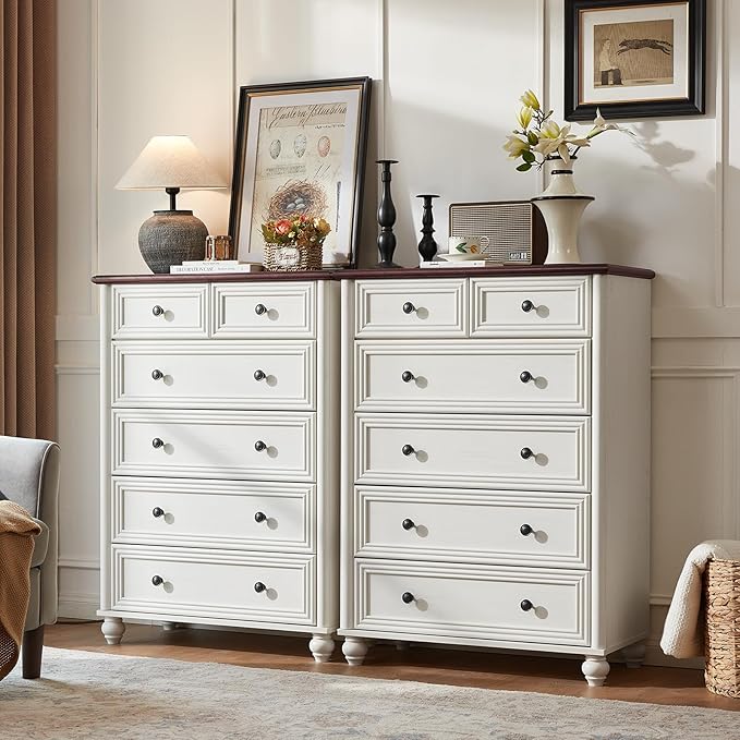 Farmhouse 6 Drawer Dresser Set of 2, Chest of Drawers for Bedroom, 43.5" Tall White Dresser with Roman Column, Rustic Wood Storage Dressers Organizer for Living Room, Hallway, Closet