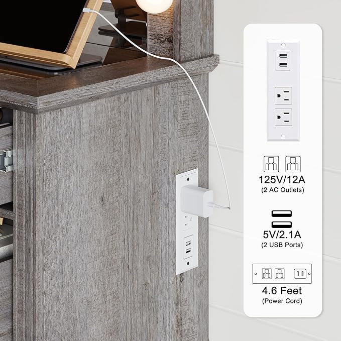 55" Farmhouse Vanity Desk with Large Mirror & Lights, Glass Top Large Makeup Vanity Table with 10 Hollywood Lights Bulbs, Charging Station, 5 Drawers, Dressing Table for Bedroom, Rustic Grey