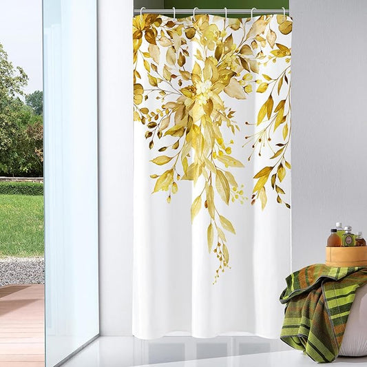 Gibelle Small Stall Shower Curtain 36 x 72, Narrow Yellow Floral Shower Curtain for Bathroom, Watercolor Plant Eucalyptus Leaves Fabric Shower Curtain Set with Hooks