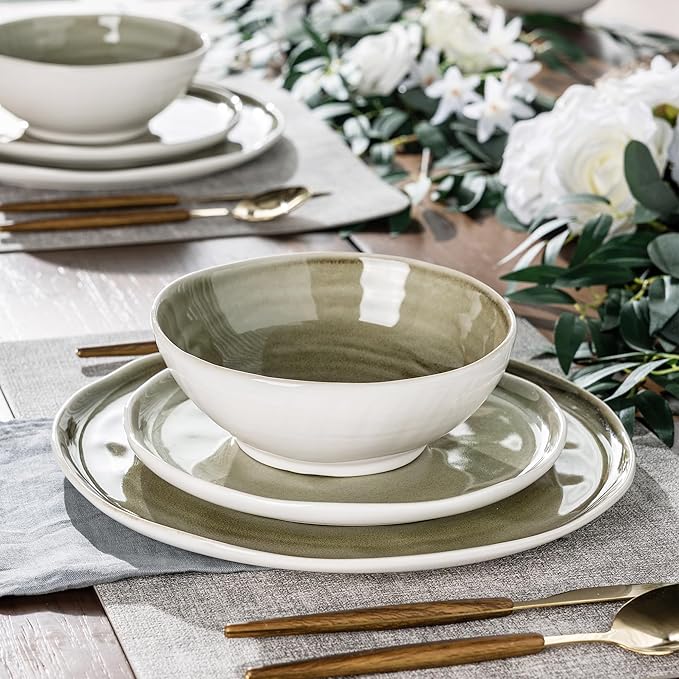 LERATIO Ceramic Dinnerware Sets for 6,Porcelain Plates and Bowls Sets with Wavy Edge,Microwave & Dishwasher & Oven Safe,Light Weight & Scratch Resistant Dishes Sets-Olive Green