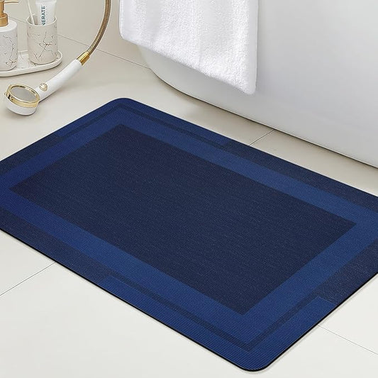 Ultra Thin Bath Mats Fit Under Door, Upgrade Backing Non Slip Bath Mat, Quick Dry Ultra Absorbent Bath Mat, Machine Washable Bathroom Rugs for Bathroom Floor, Bathtub, Kitchen, Dark Blue, 32"x20"