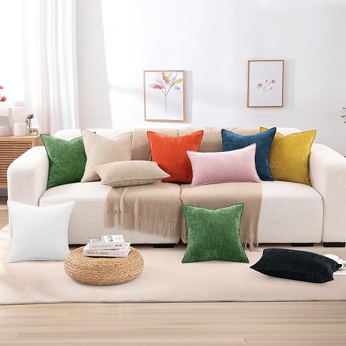 decorUhome Couch Throw Pillow Covers 16x16 Set of 2, Decorative Soft Euro Neutral Chenille Pillow Covers with Elegant Design for Sofa Bed Living Room Home Decor, Beige