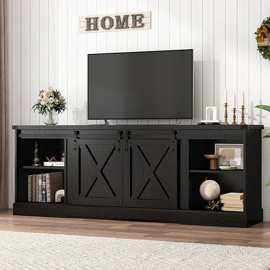 Farmhouse TV Stand for 70/75/80 Inch TV, 70 inch Entertainment Center Storage Cabinets with Sliding Barn Doors, Media Console Cabinet for Living Room, Black