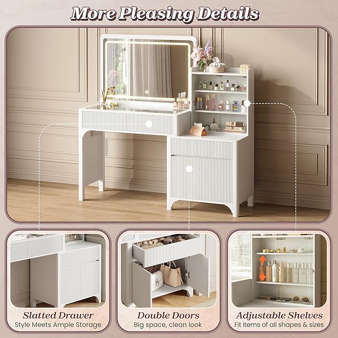 PRAISUN 55'' Large Makeup Vanity Desk with 35.4'' LED Mirror & Power Outlets, Painted Surface White Vanity with Glass Top, 3 Drawers and Cabinet, Fluted Big Dressing Vanity Table