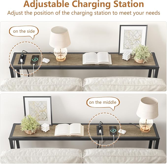 41.7" Console Table, Narrow Behind The Couch Table with Outlet, Industrial Skinny Sofa Table for Hallway, Entryway, Living Room,Walnut