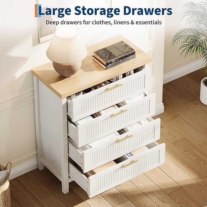 GarveeHome Fluted 4 Drawers Dresser for Bedroom, 35.4 in Tall Chest of Dressers for Closet, 4 Fluted Drawers with Metal Handle, Large Clothes Storage Cabinet for Bedroom, Nursery, Living Room, White