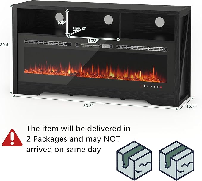 CharaVector Fireplace TV Stand with 50" Glass Electric Fireplace,Entertainment Center with Power Outlets for Up to 65 inch TV，Black TV Cabinet with 3 Open Storage Cabinets, TV Console for Living Room