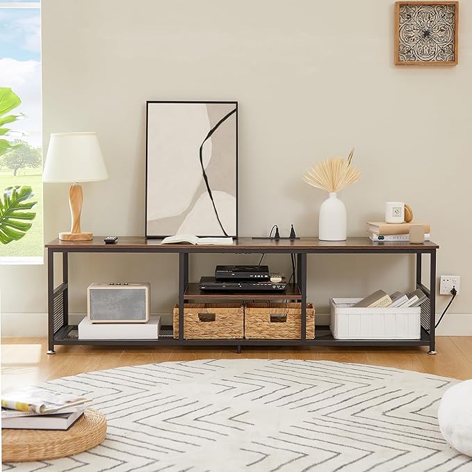 VECELO TV Stand with Power Outlets for Televisions up to 75Inch, 62" Media Entertainment Center with Charging Station 3-Tier Open Storage Shelves with Metal Frame for Living Room/Bedroom，Brown