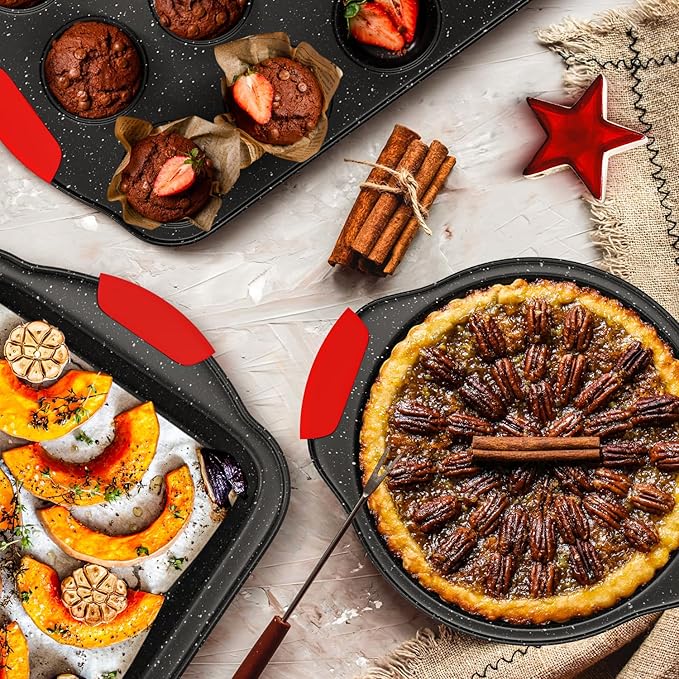 11-Piece Nonstick Stackable Baking Pans Set, Toxin-Free Bakeware Sets, Baking Pan Set with Silicone Handles, Includes Cookie Sheets, Loaf Pan, Pizza Pan, Muffin Pan, Red&Black