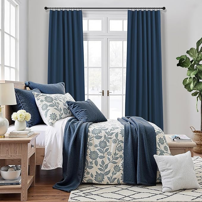 Navy Blue Drapes 96 Inch Long 2 Panels Back Tab Blackout Window Treatment Curtains White Backing for Living Room Darkening Thermal Linen Textured Black Out Curtain Bedroom Modern Farmhouse Dark Indigo