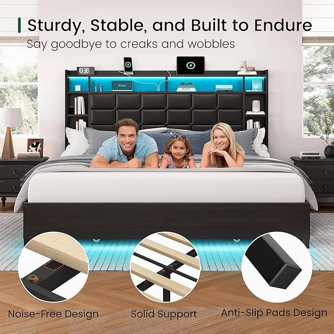Queen Size Bed Frame with Charging Station and LED Lights Wooden Platform Bed Frame with 4 Storage Drawers and Bookcase Headboard, Faux Leather Upholstered, No Box Spring Needed, Black