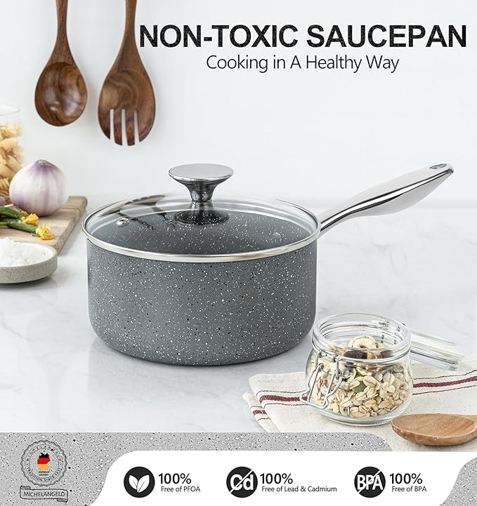 MICHELANGELO Sauce Pan with Lid, 1 Quart Saucepan with Lid Granite, Non Stick Sauce Pan with Stainless Steel Handle, 1 Qt Saucepan with Nonstick Coating, Grey