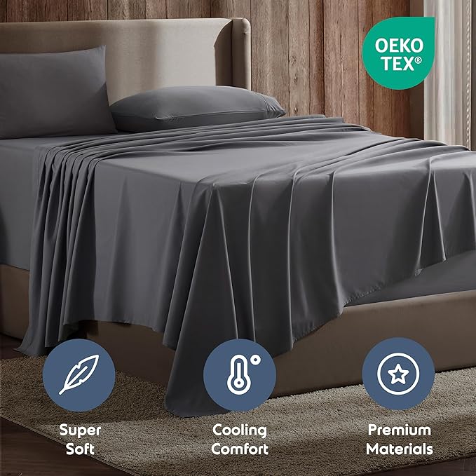 Nestl Full XL Sheet Set - Luxury 1800 Ultra-Soft Microfiber Full Extra Long Bed Sheets - Double Brushed - Deep Pockets - Easy Fit - 4 Piece Set - Bedding Sheets & Pillowcases (Full XL, Dark Grey)