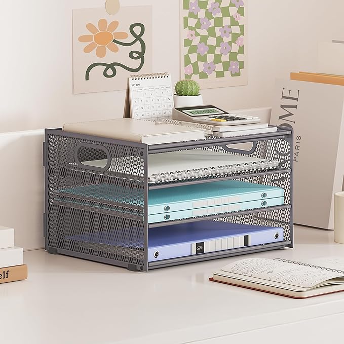 Subekyu Paper Letter Tray Organizer for Desk, Gray Metal Mesh Desk File Sorter Organizer with Handle and 2 Sliding Trays for Home Office School Supplies Organization