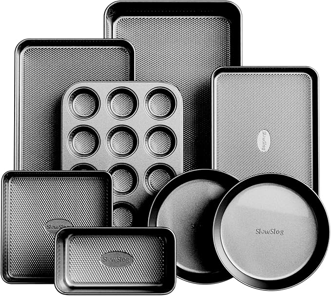 Nonstick Baking Pans Set, 8-Piece Stackable Bakeware Sets, Non-Toxic Oven Pan Set, Includes Baking Sheet, Cake Pan, Muffin Pan, Loaf Pan, Square Pan, Cookie Sheet & Roasting Pan, Black