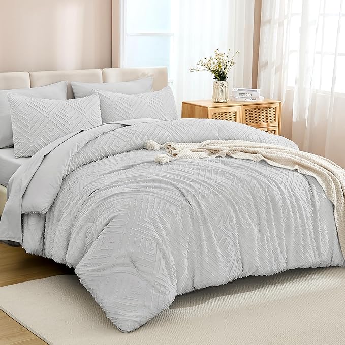 Andency Light Grey Comforter King Size Set with Sheets - 7 Pieces Boho Bed in a Bag Tufted Bedding Sets Lightweight All Season Bed Set with Comforter, Sheets, Pillowcases & Shams