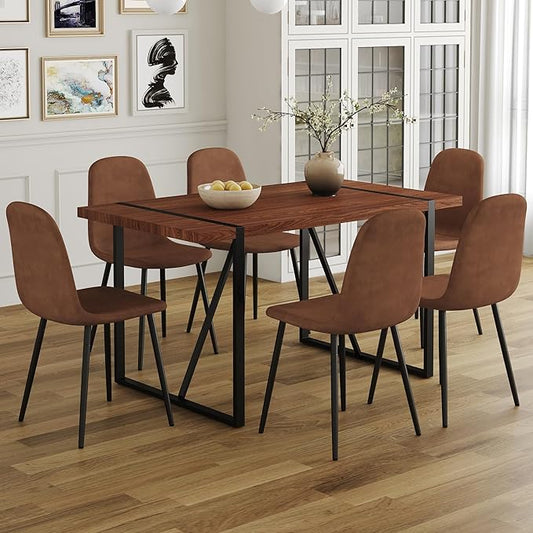 Dining Table Chairs Set for 6, Modern Rectangular Dining Room Table Set PU Leather Upholstered Dining Chairs 55" Dinner Table Set for Kitchen, Dining Room (Brown1, 55 inch Table + 6 Chairs)