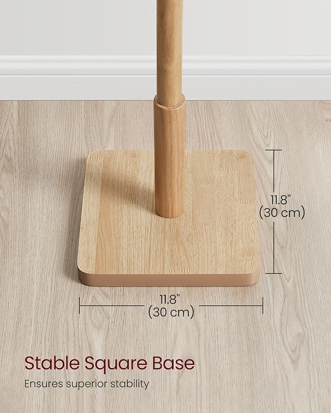 VASAGLE Solid Wood Coat Rack, Free Standing Hall Coat Tree with 8 Hooks, 3 Height Options, for Coats, Hats, Bags, Purses, for Entryway, Hallway, Rubberwood Hooks and Pole, Natural Beige URCR010N01