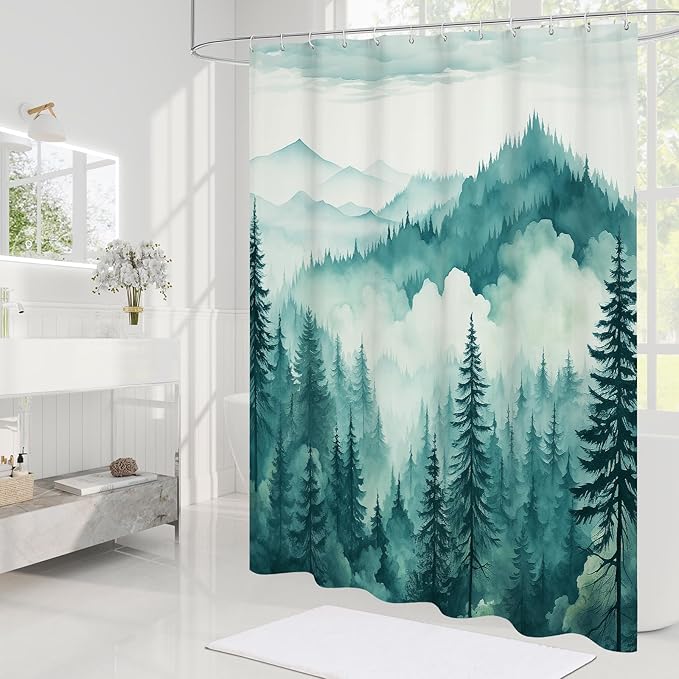 Teal Blue Extra Long Misty Pine Forest Shower Curtain 72 x 84, XL Mountain Foggy Woodland Scenery Tree Shower Curtains for Bathroom, Turquoise Abstract Waterproof Nature-Themed Decor