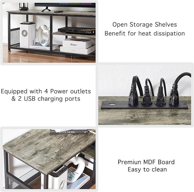 VECELO TV Stand with Power Outlets for Televisions up to 75Inch, 62" Media Entertainment Center with Charging Station 3-Tier Open Storage Shelves with Metal Frame for Living Room/Bedroom，Grey