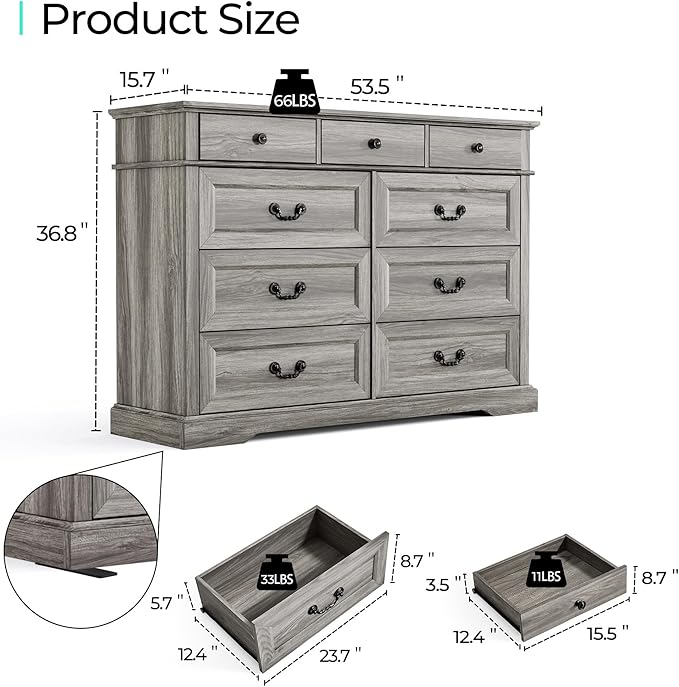 LINSY HOME Updated Dresser for Bedroom with 9 Drawers, Wide Chest of Drawers, Wooden Tall Bedroom Dresser, Storage Organizer for Closet, Living Room, Hallway, Grey