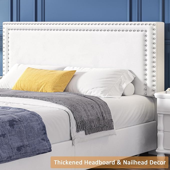 VECELO Queen Size Upholstered Platform Bed Frame with 4 Storage Drawers, Adjustable Velvet Rivet Decor Headboard, Wooden Slats Support, No Box Spring Needed, Easy Assembly