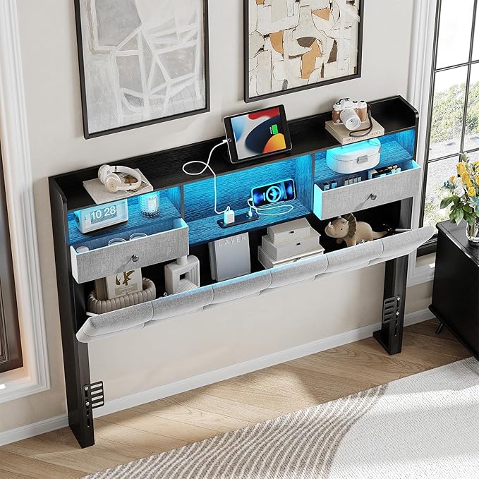 Maupvit Headboard Queen Size with Storage, Queen Headboard Only with 2 Drawers, Charging Station and LED Lights, Upholstered Headboards Easy Assembly, Black&Grey